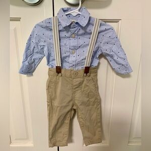 Blue Polka Dot Button Down Shirt Onesie with Tan Pants and Suspenders NWOT